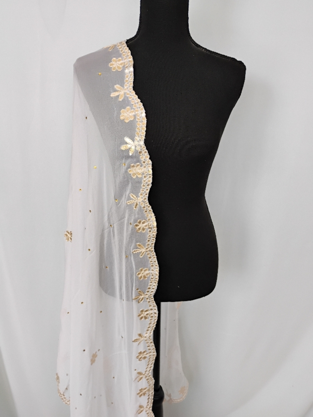 Elegant White Chiffon Dupatta with Gold Embroidery
